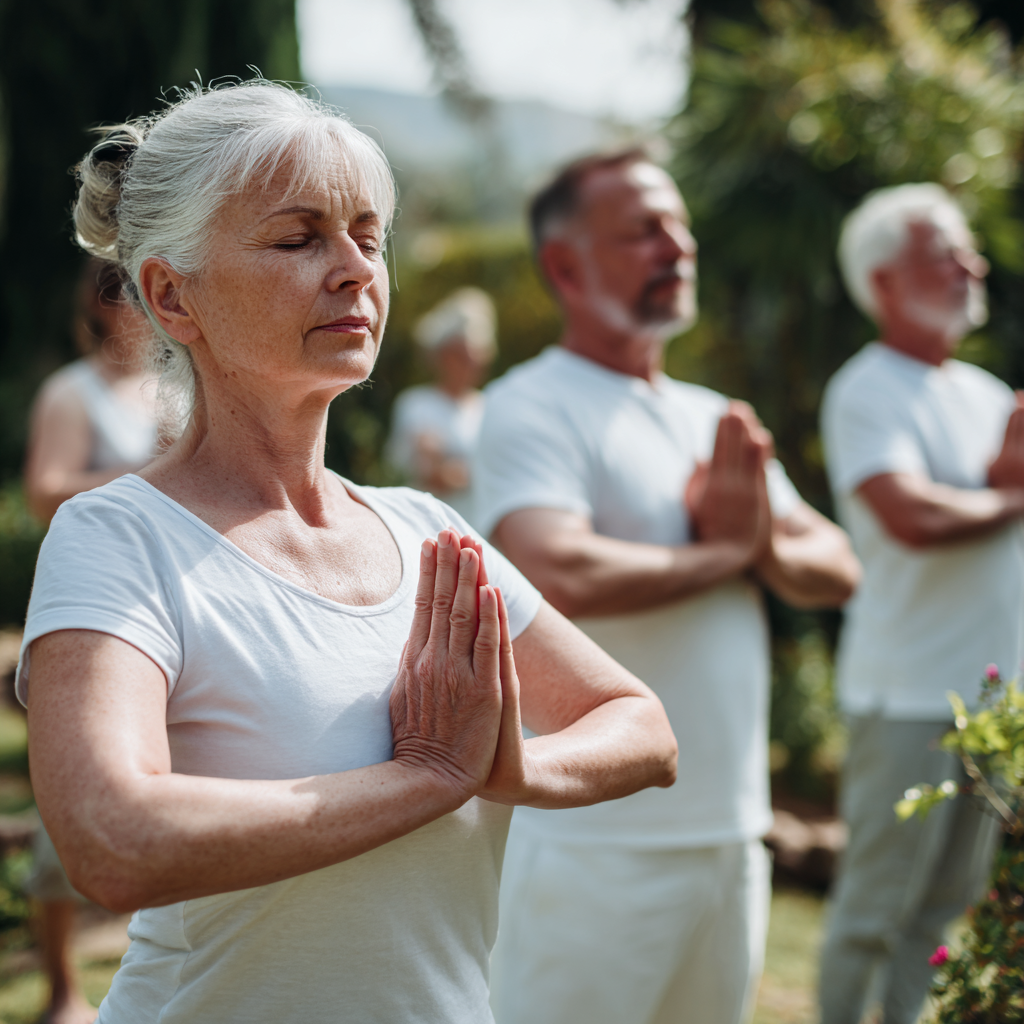 Group of white ukraninane middle-aged adults practicing yoga poses outdoors in peaceful garden setting