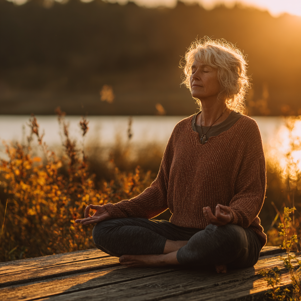 Mature woman practicing mindful yoga meditation in serene natural environment
